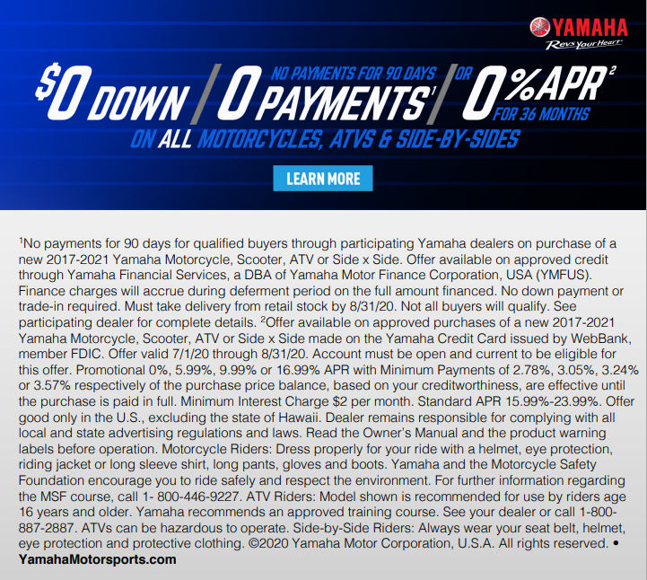 Five Star Powersports Specials. No payments for 90 days or for 36 months.